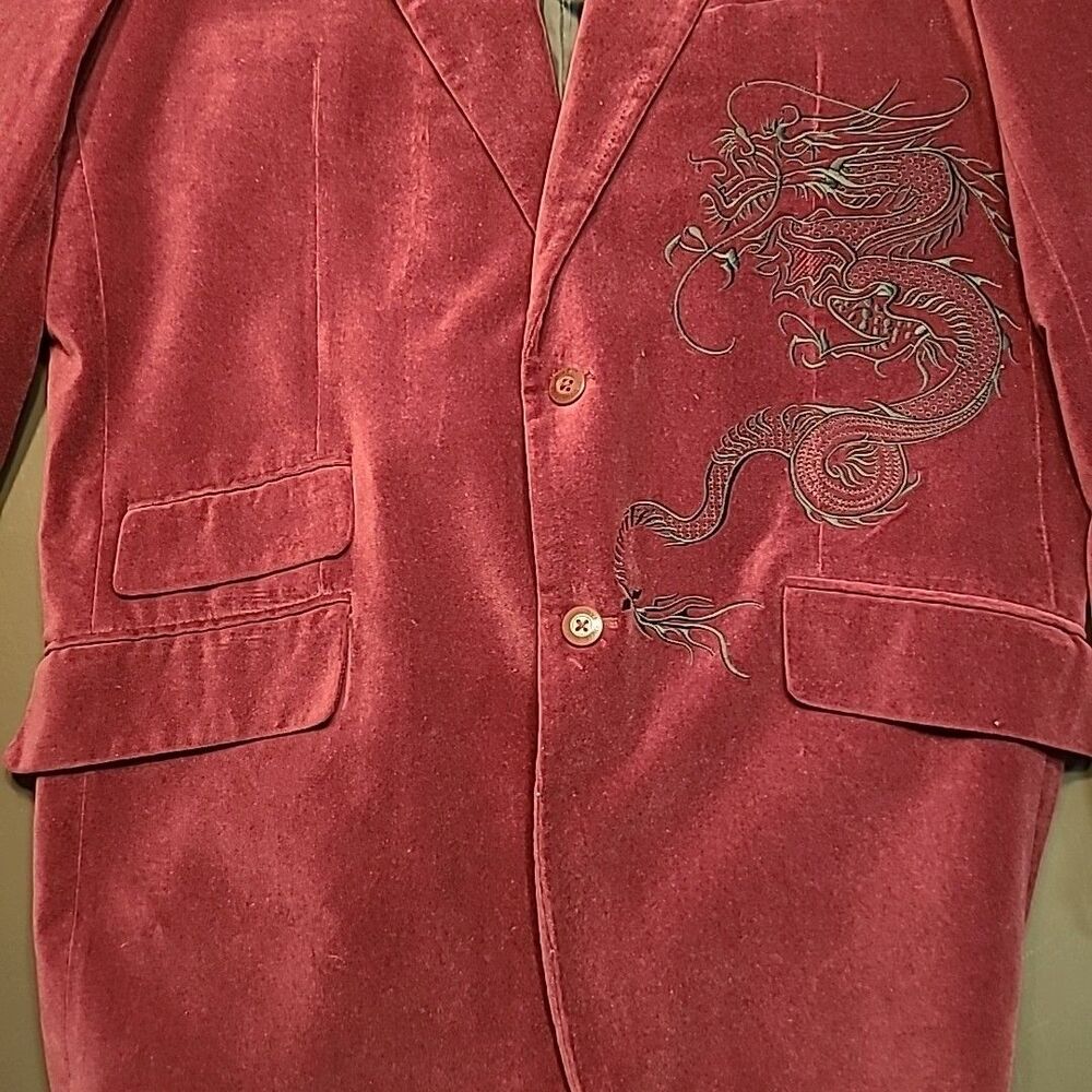 VTG 90s Y2K DRAGONFLY Maroon Velvet Blazer Jacket Mens 3XL Dragon Embroidered - Picture 3 of 11